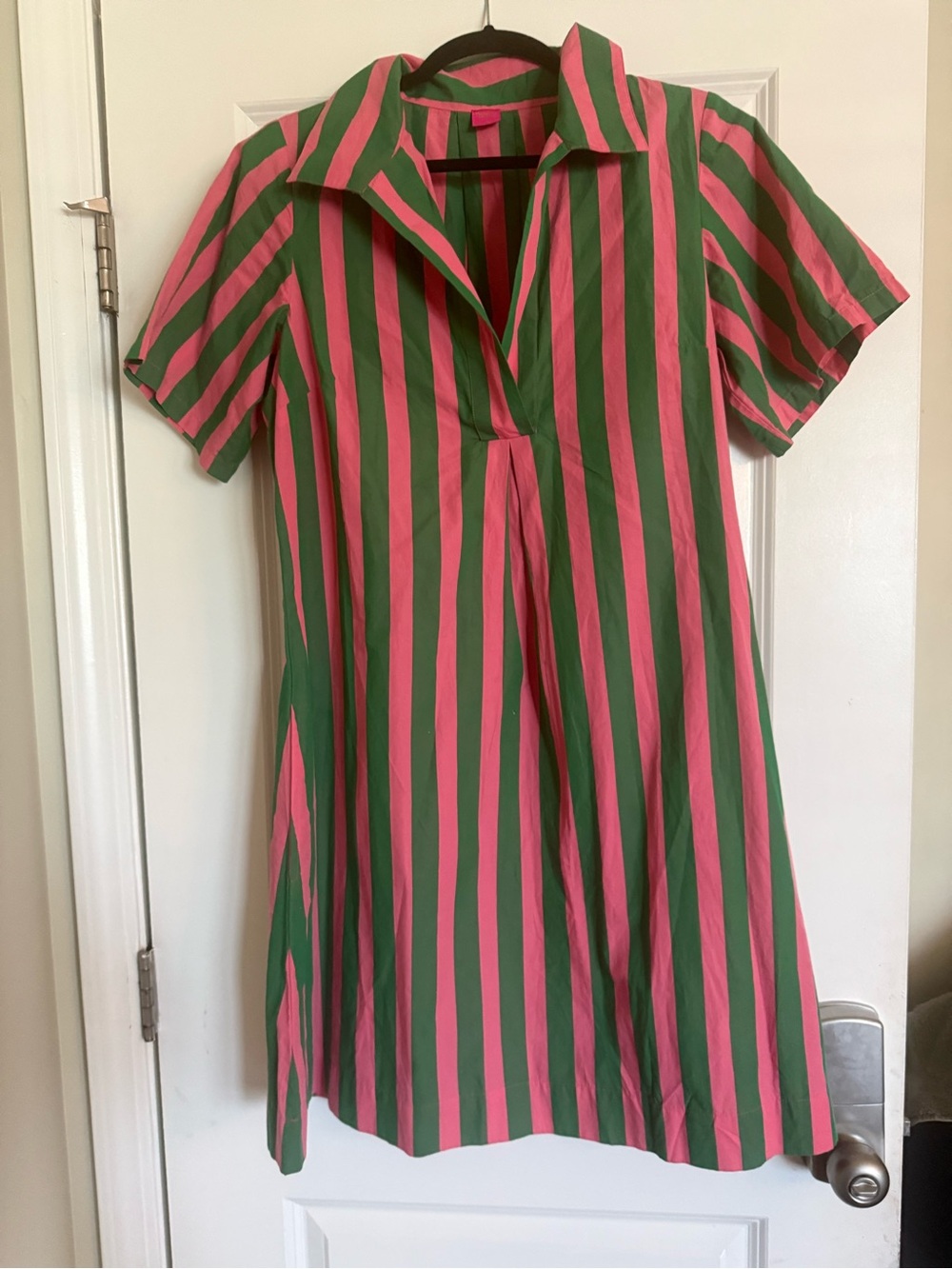 Tiny Tassel Pink and Green Vertical Stripe Short Sleeve Dress - Picture 2 of 2